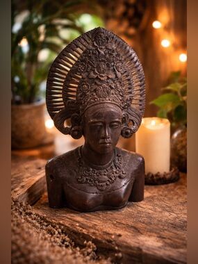 1950s Hand-Carved Balinese Dewi Sri Bust Solid Mahogany Indonesian Sculpture 16”